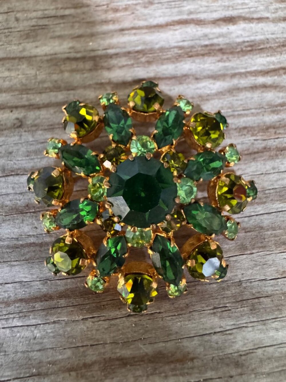 Vintage Made In Austria Green Rhinestone Brooch Gold Tone Emerald Olivine Floral